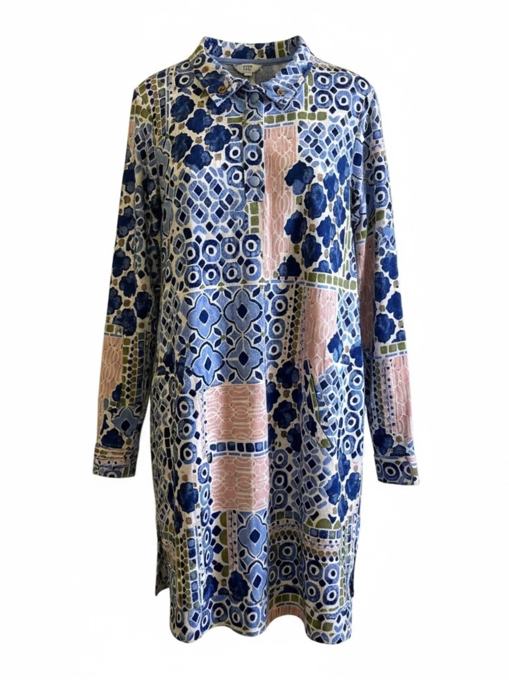 Crown & Ivy Patterned Long-Sleeve Shirt Dress in Blue and Pink Sz XL